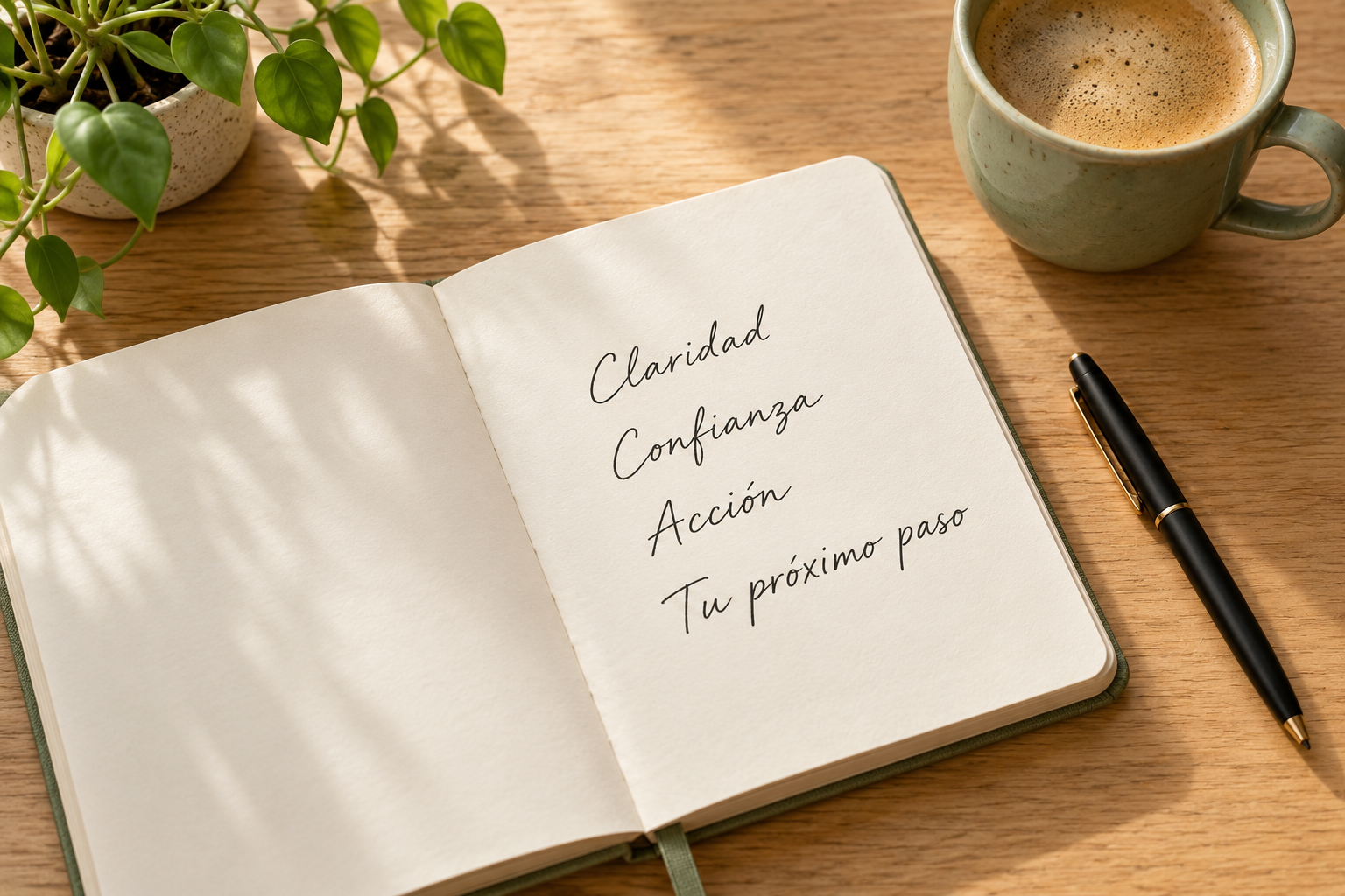 Cuaderno con las palabras Claridad, Confianza, Acción y Tu próximo paso, junto a una taza de café